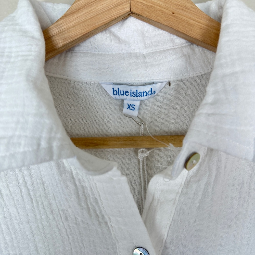 Blue Island Women's XS Button Down Shirt White St Tropez Ibiza Mykonos Gauze NEW - Picture 3 of 10